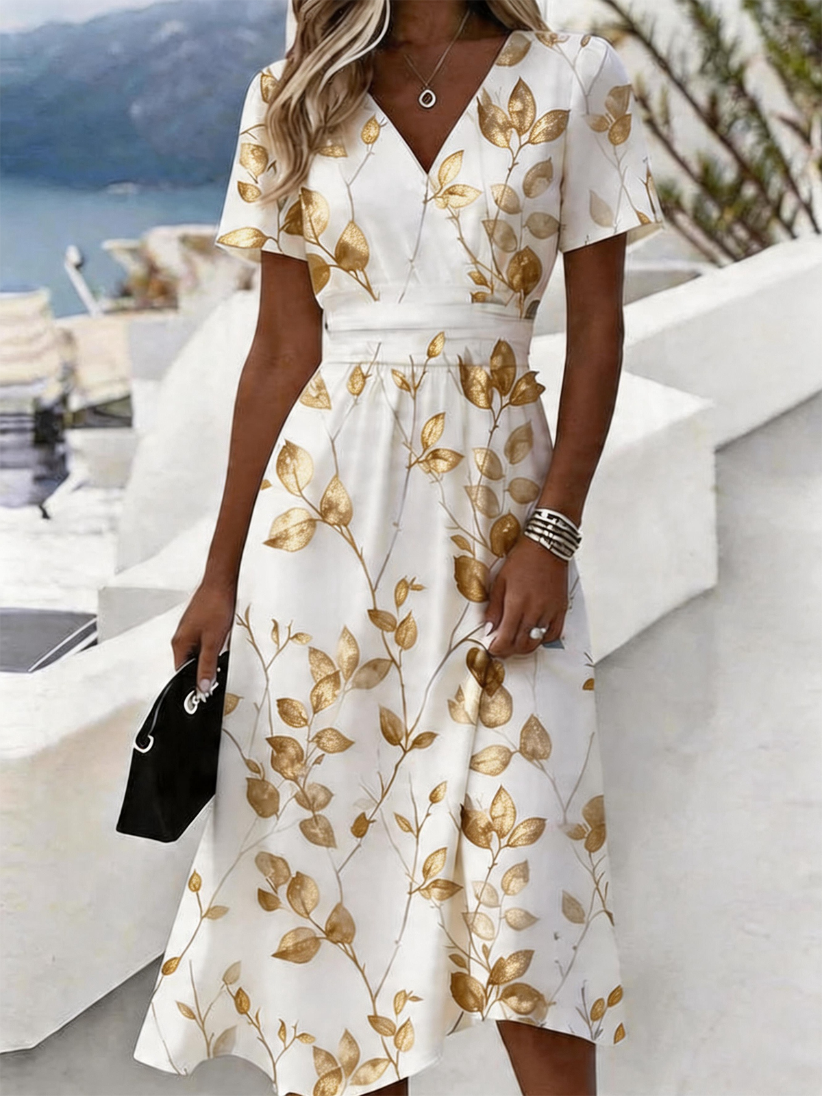 V Neck Elegant Regular Fit Botanical Pattern Dress With No