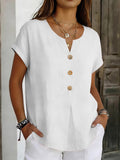 Cotton And Linen Plain Elegant Loose V Neck Short Sleeve Button Casual Shirt