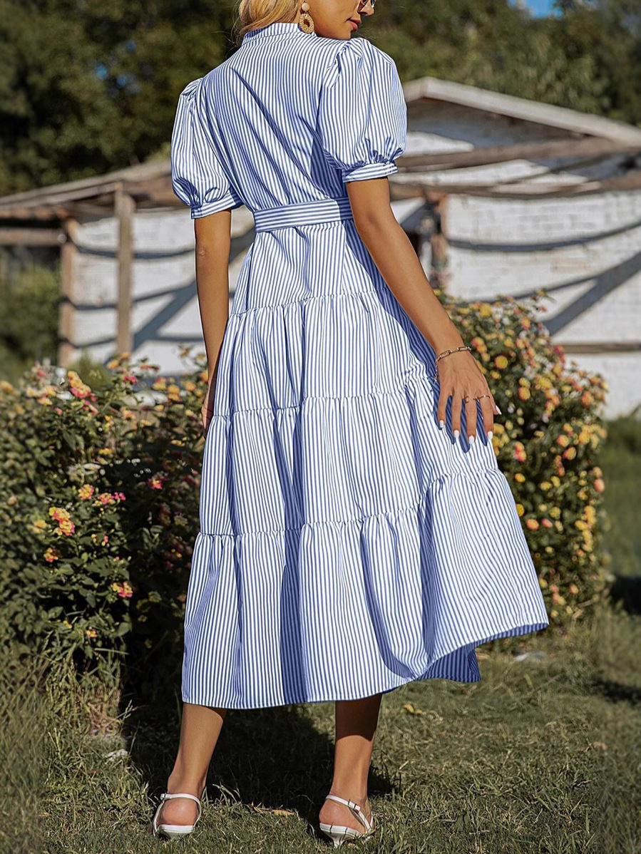 Blue Sttipe Belt Puff Short Sleeve V Neck Ruffle A-line Summer Eatsre Casual Dress