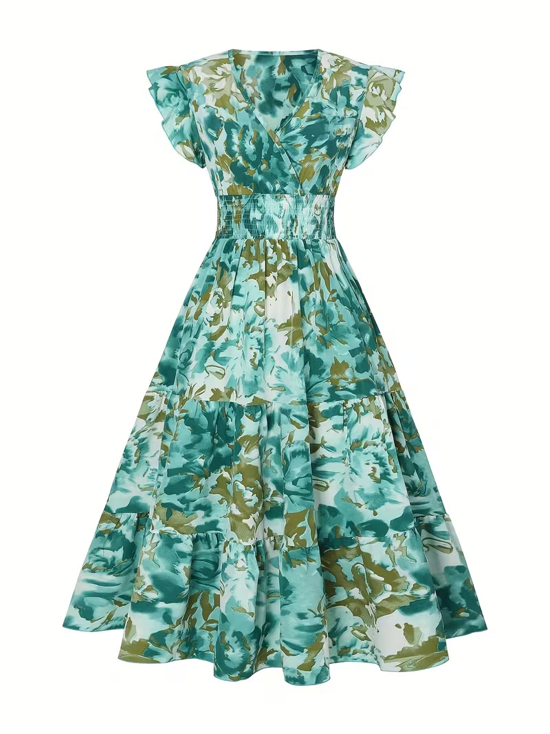 Abstract Foloral Print V Neck Ruffle Sleeve Smock Vacation Summer Going Out Maxi Dress