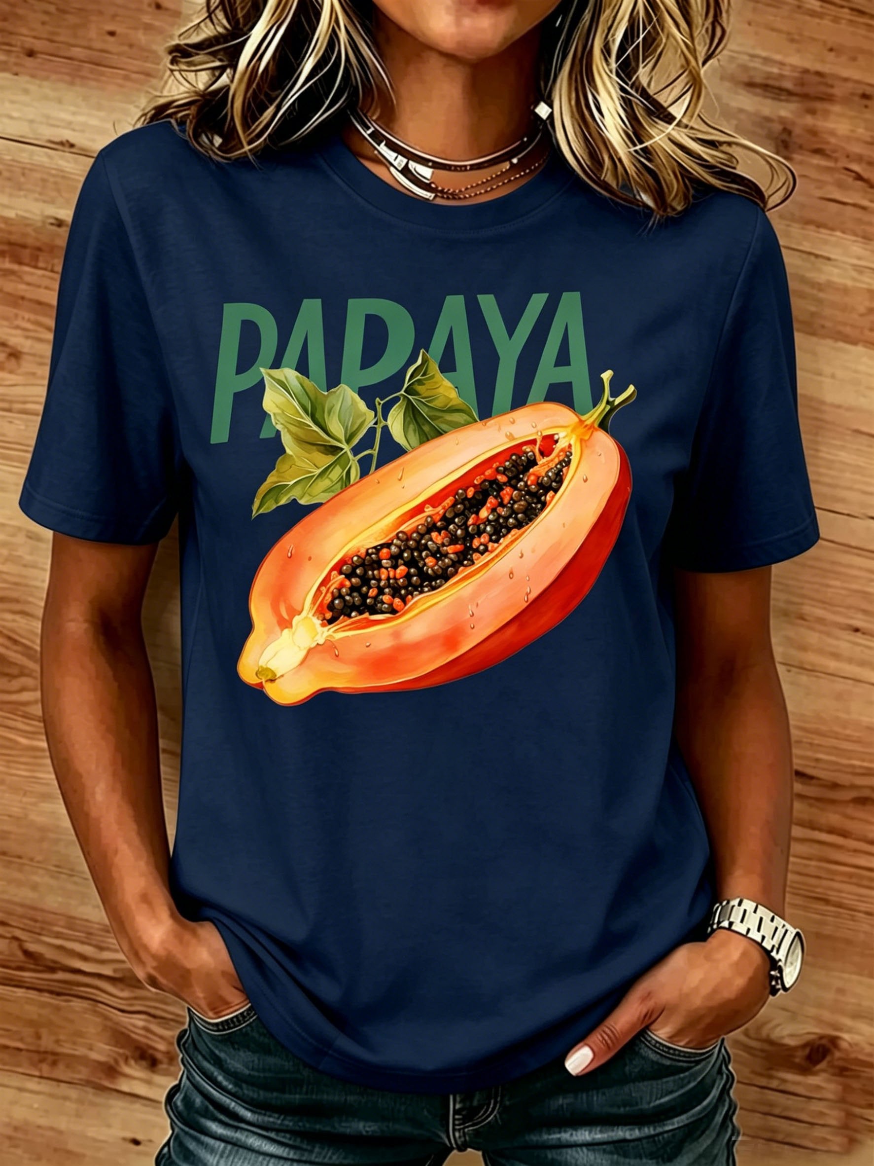 Papaya Fruit Cotton Round Neck Short Sleeve Casual T-Shirt