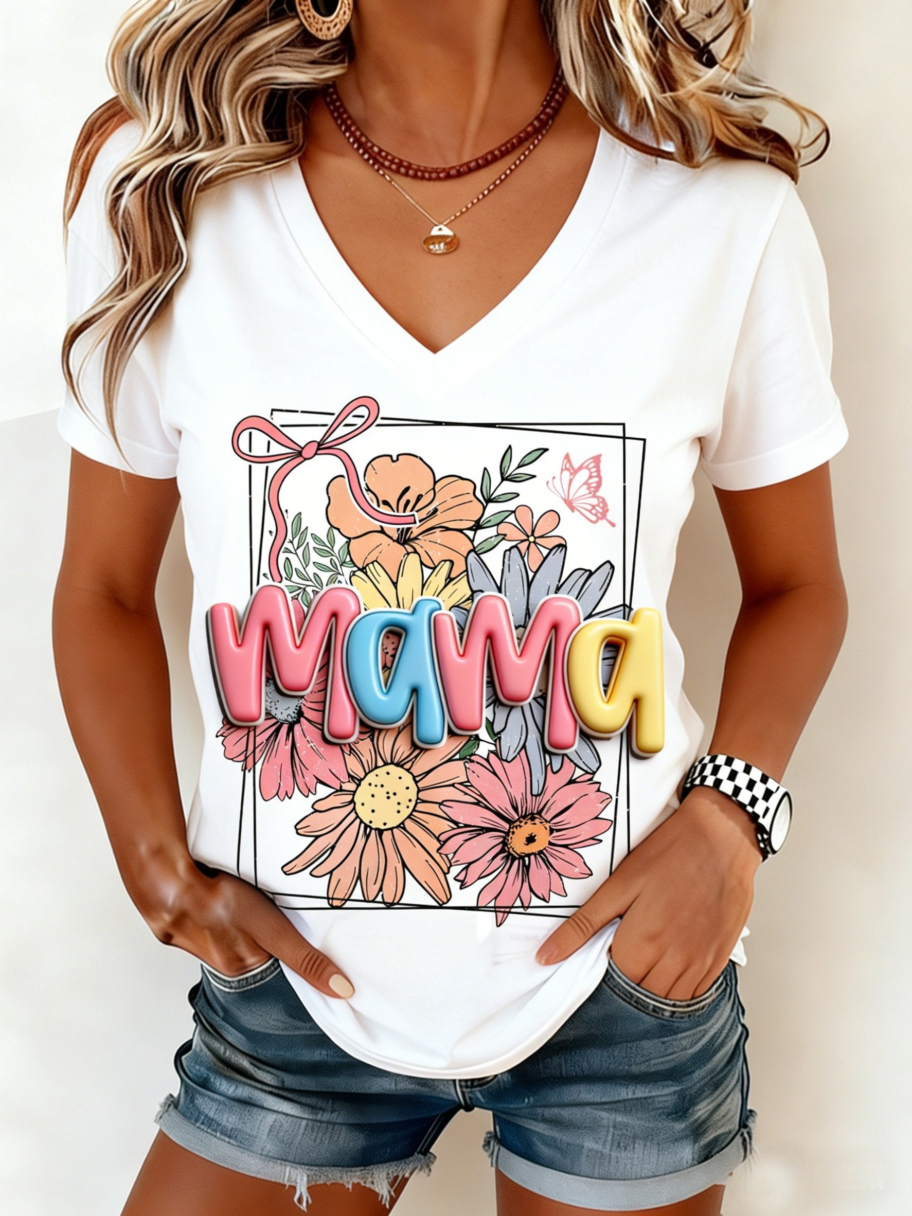 Mother's Day 3D Printing Letter Pattern Floral Short Sleeve V Neck Loose Casual T-Shirt