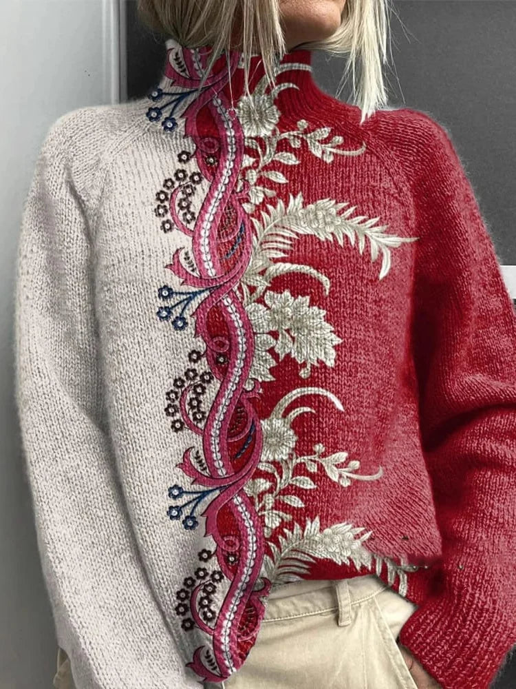 Casual Floral Loose Turtleneck Sweatshirt