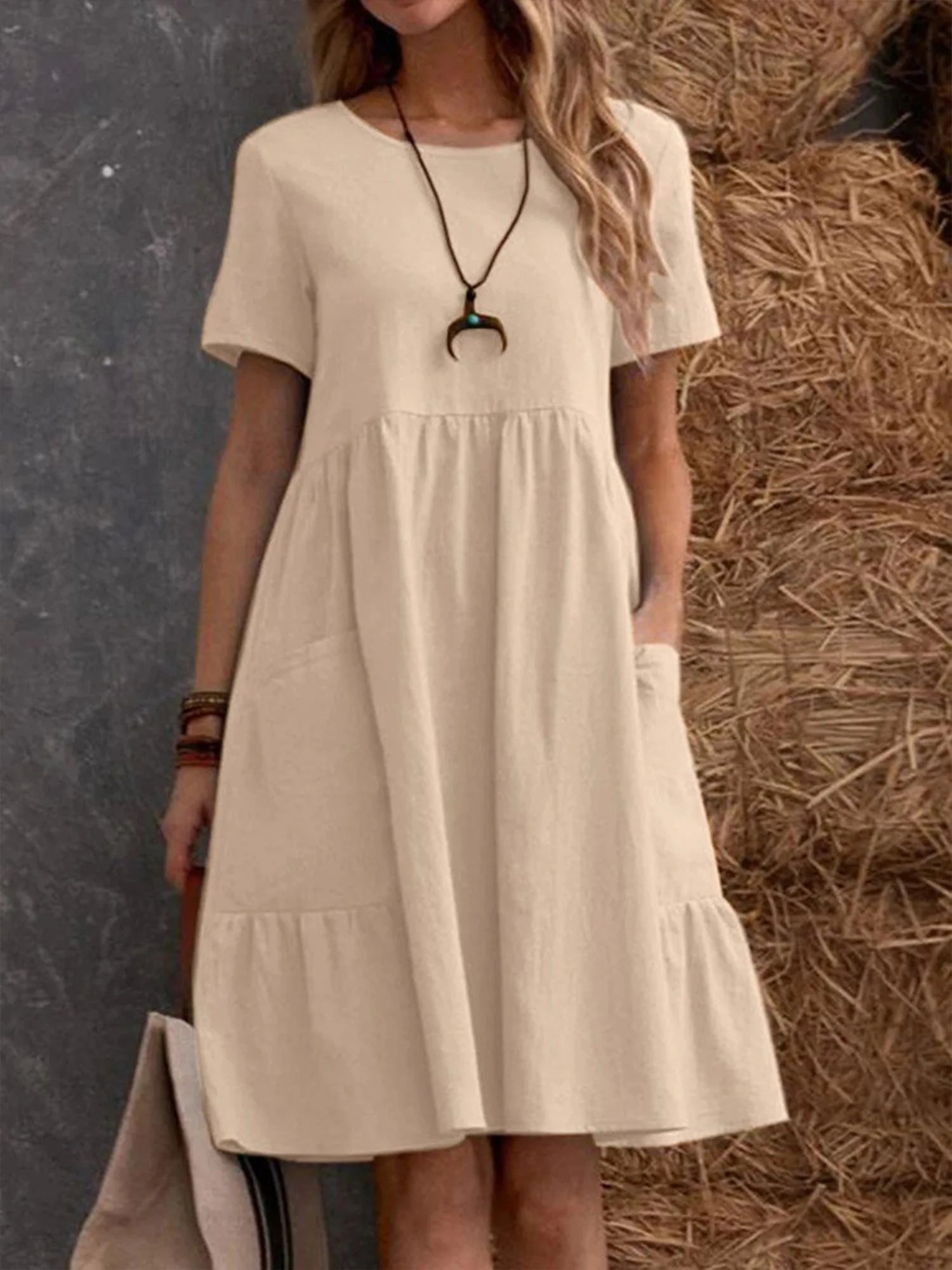 Casual Plain Crew Neck Midi Dress