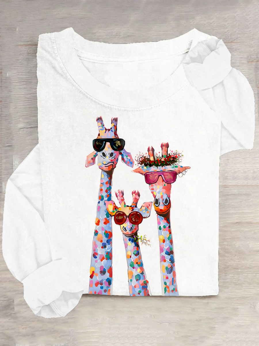 Women's Oil Painting Funny Giraffe Print Casual Long Sleeve Shirt