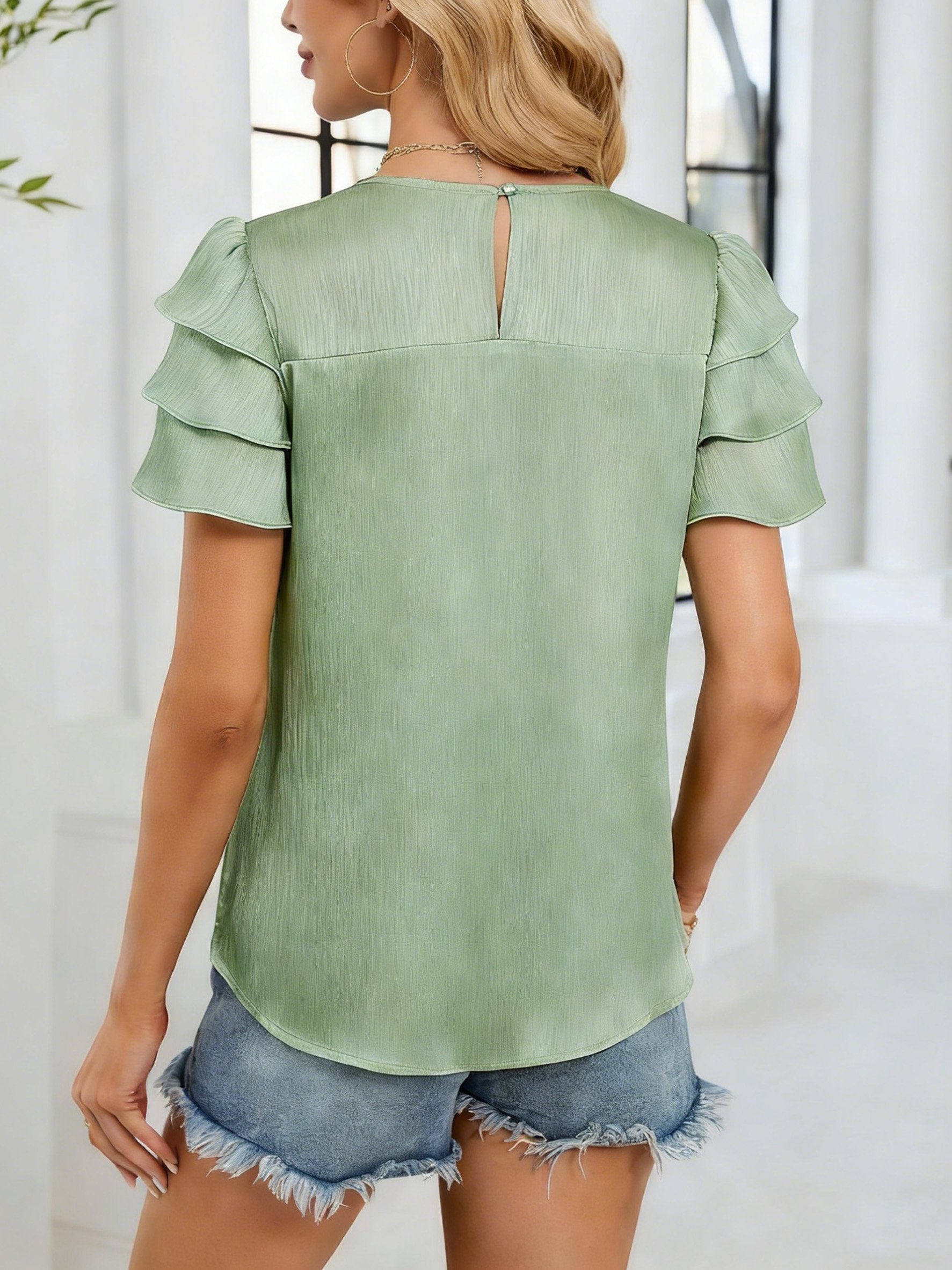Satin Plain Smock Crew Neck Short Sleeve Casual Blouse