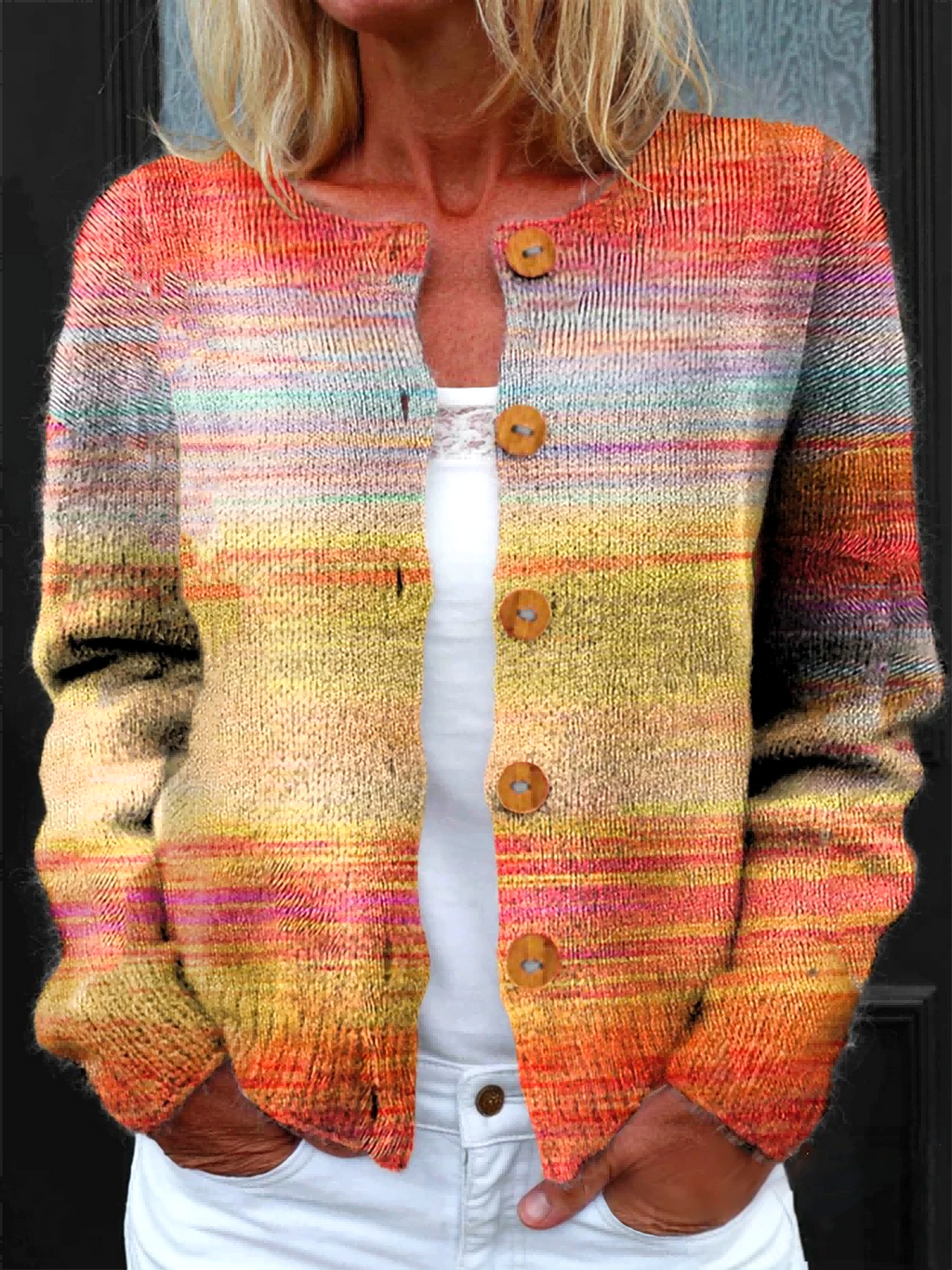 Knitted Crew Neck Striped Ethnic Cardigan