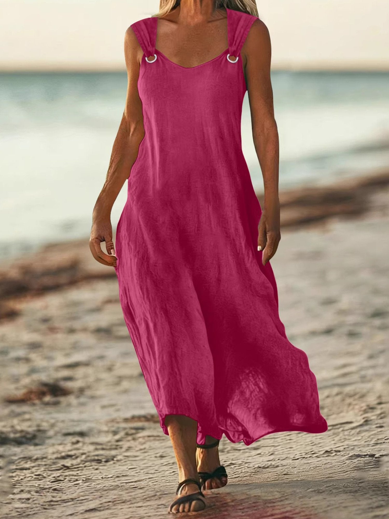 Casual Plain V Neck Midi Dress