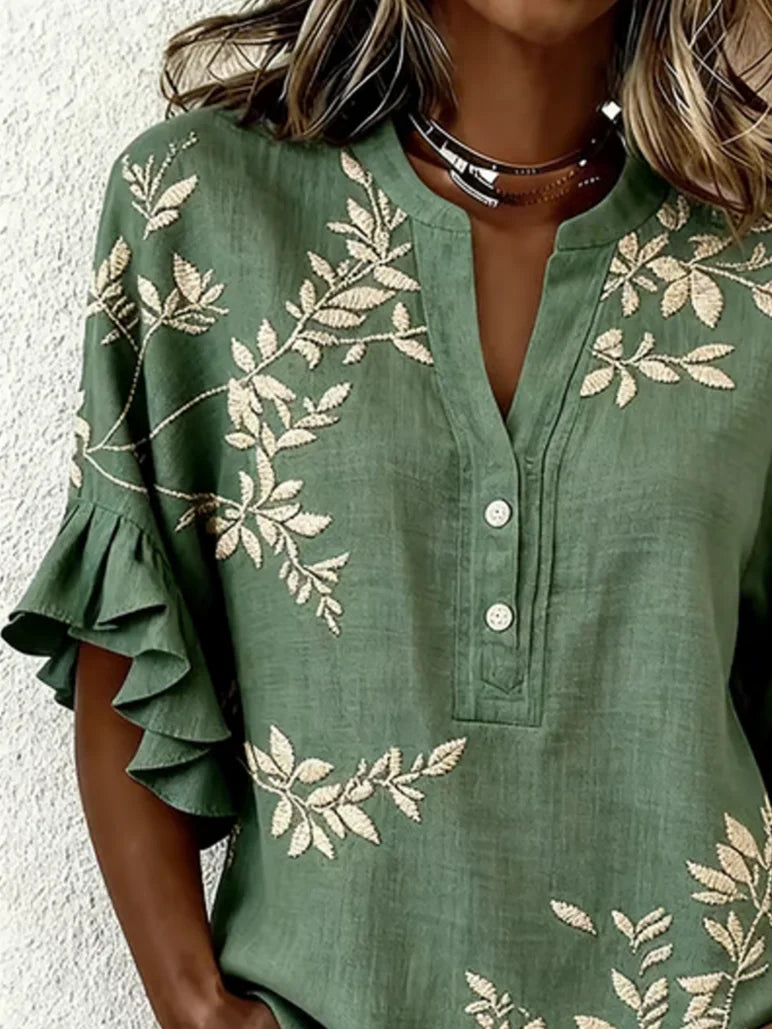 Floral V Neck Casual Loose Shirt