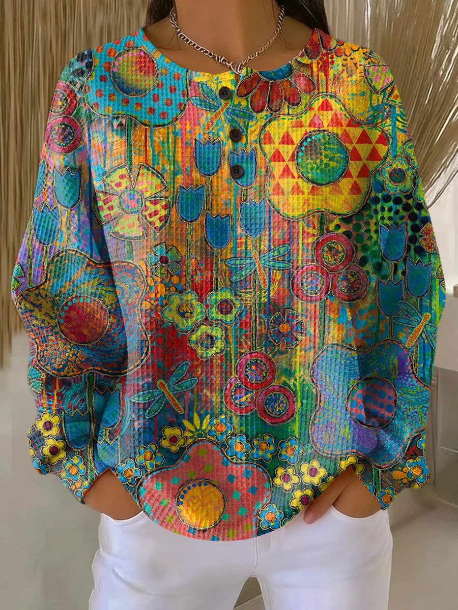 Women's Flowers Print Button-Up Casual Waffle Knit Sweatshirt
