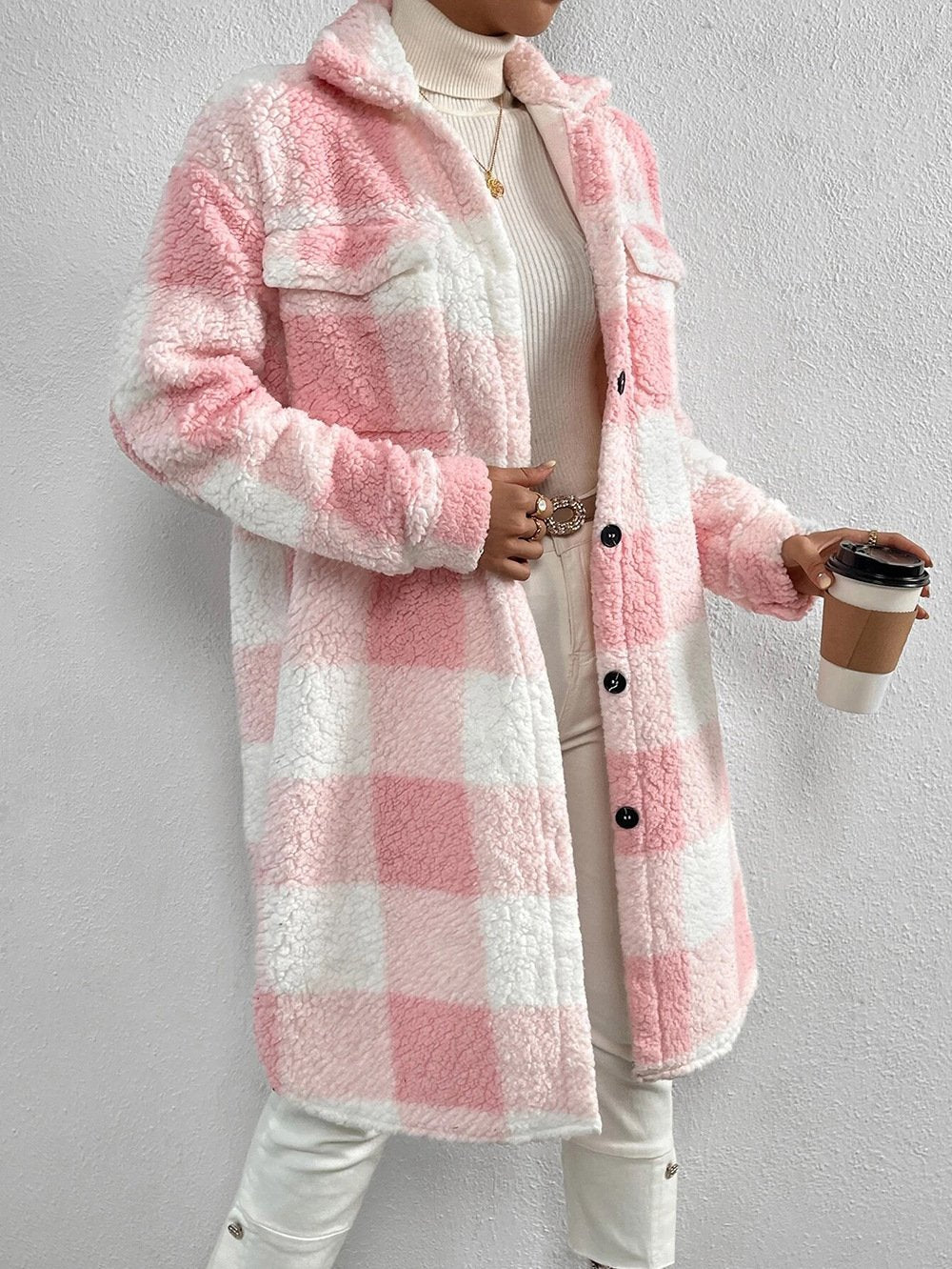 Lady Romance Buckle Coral Velvet Shawl Collar Coat