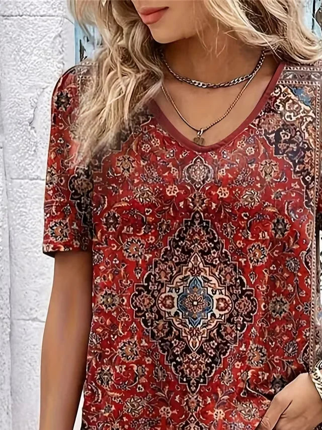 Women's Short Sleeve T-shirt Summer Red Ethnic Printing V Neck Holiday Going Out Vintage Top