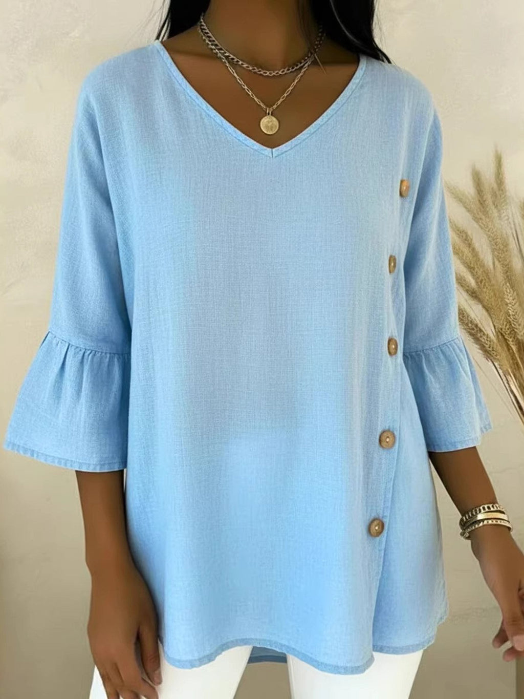 V Neck Button Design The Quarter Sleeve Elegant Blouse