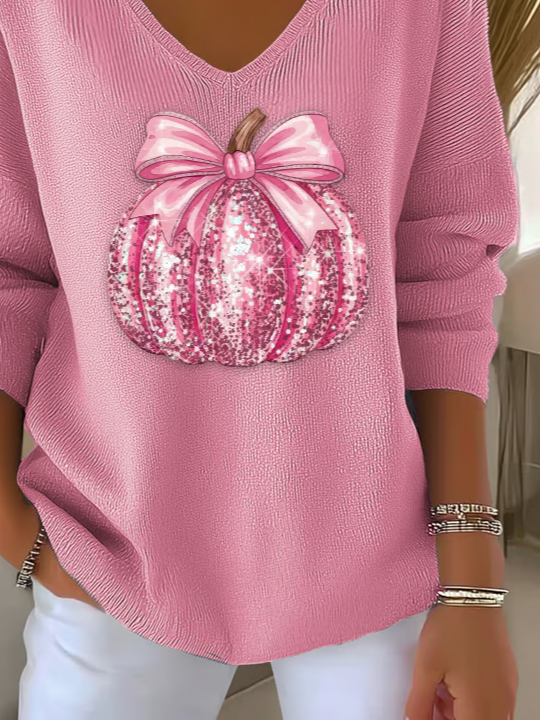 Women's Long Sleeve T-shirt Spring/Fall Pink Halloween (pumpkin) Printing V Neck Daily Going Out Casual Top