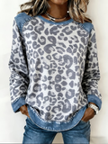 Women's Leopard Print Patchwork Denim Crewneck Long-Sleeved Sweatshirt