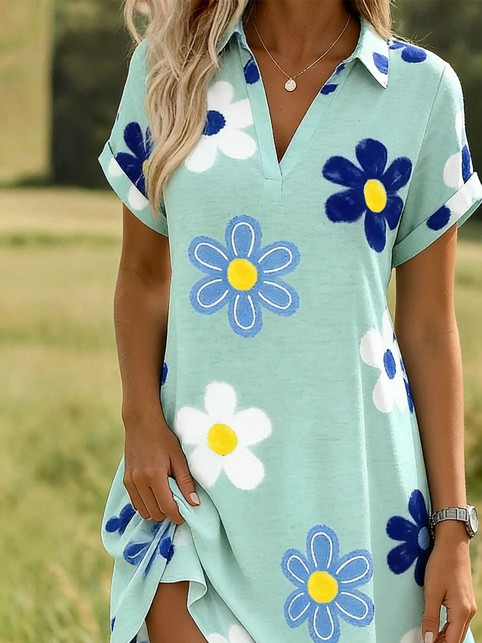 Loose Elegant Floral Shawl Collar Shirt Dress With No