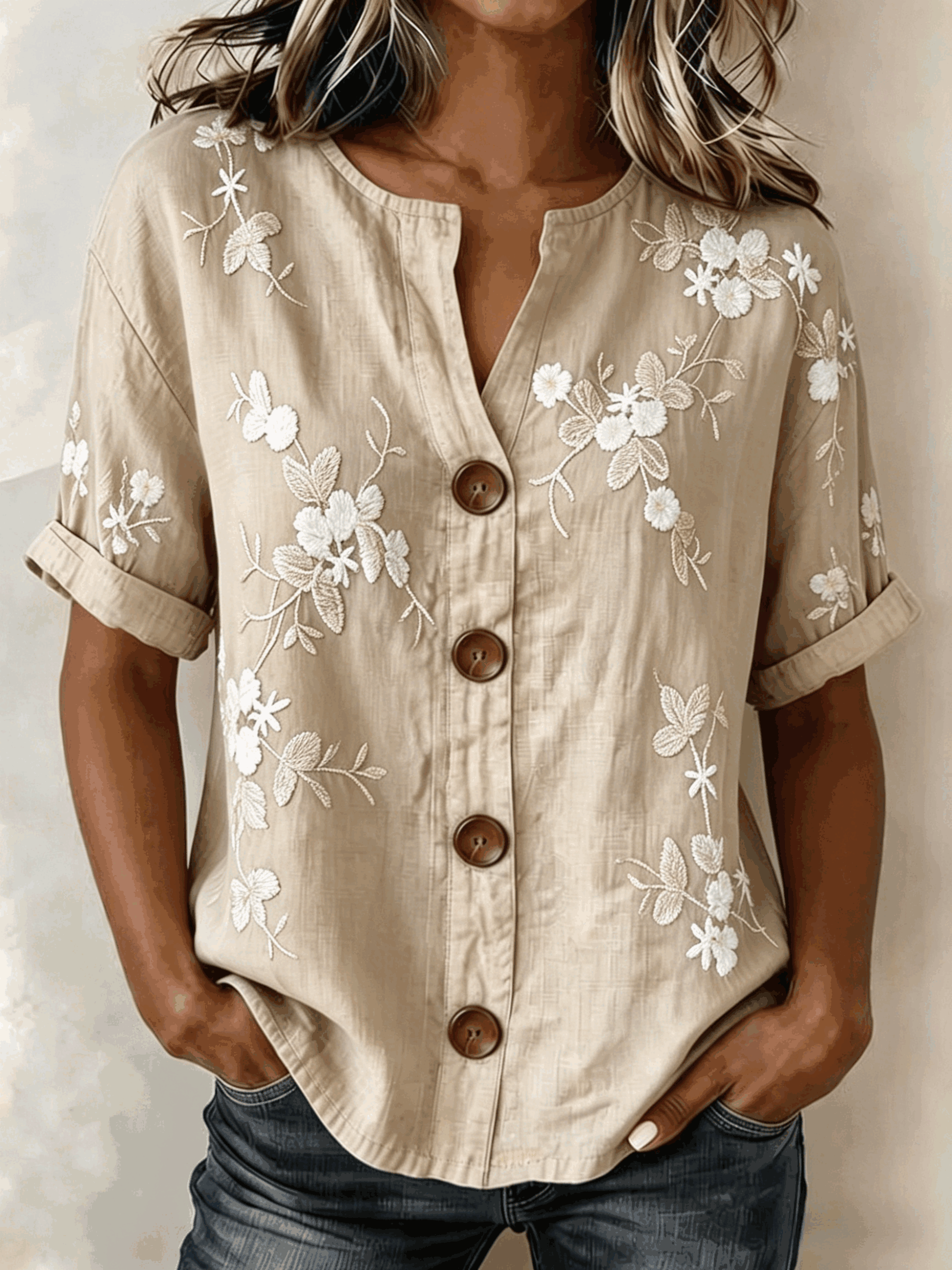 Linen Blend 3D Floral Print Henley Neck Button Front Roll Cuff Casual Blouse