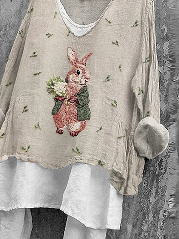 Women's Long Sleeve Blouse Spring/Fall As Picture Easter (rabbit) Printing V Neck Daily Going Out Casual Top