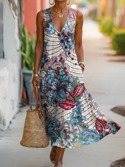 Linen Look Abstract Printed V Neck Sleeveless Button Summer Vacation Casual Maxi Dress