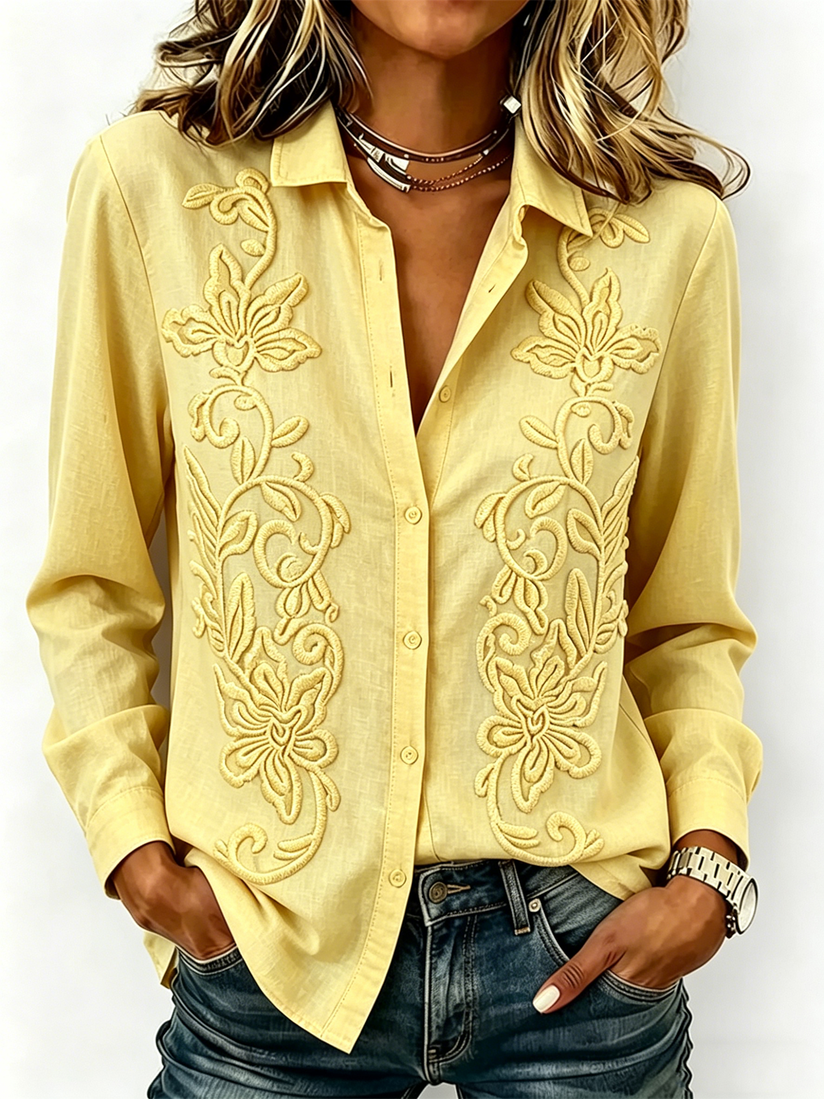 Light Blue 3D Floral Print Long Sleeve Button Front Blouse