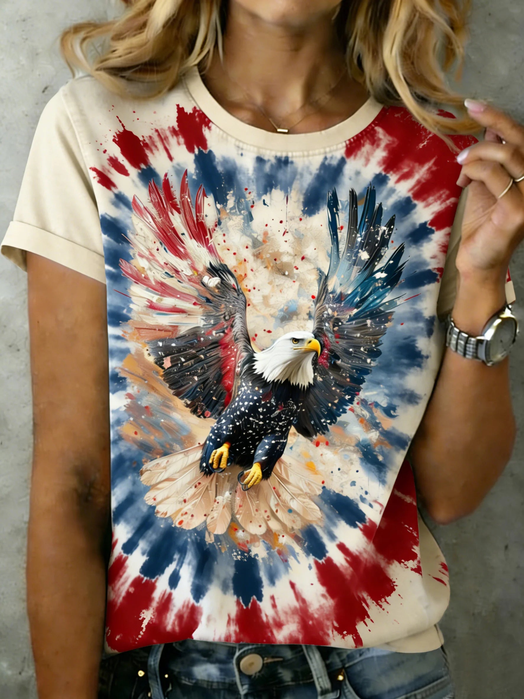 3D Printing Eagle Old Glory Round Neck Short Sleeve 250th Anniversary Vintage Casual T-Shirt