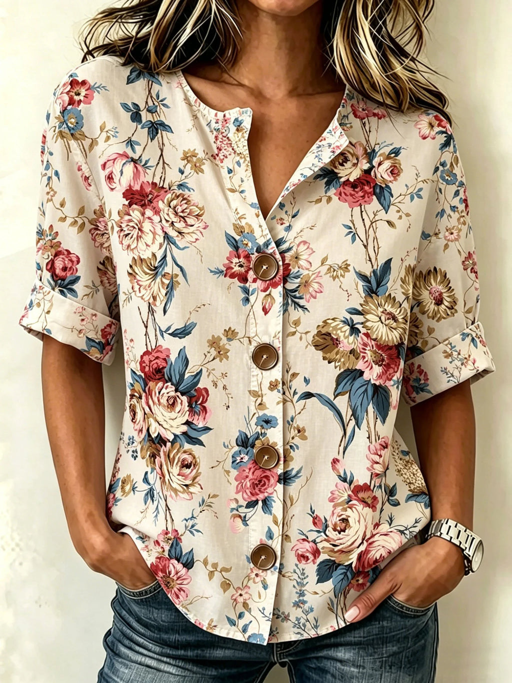 Vintage Floral Print Stand Collar Button Spring Summer Linen Blend Casual Shirt
