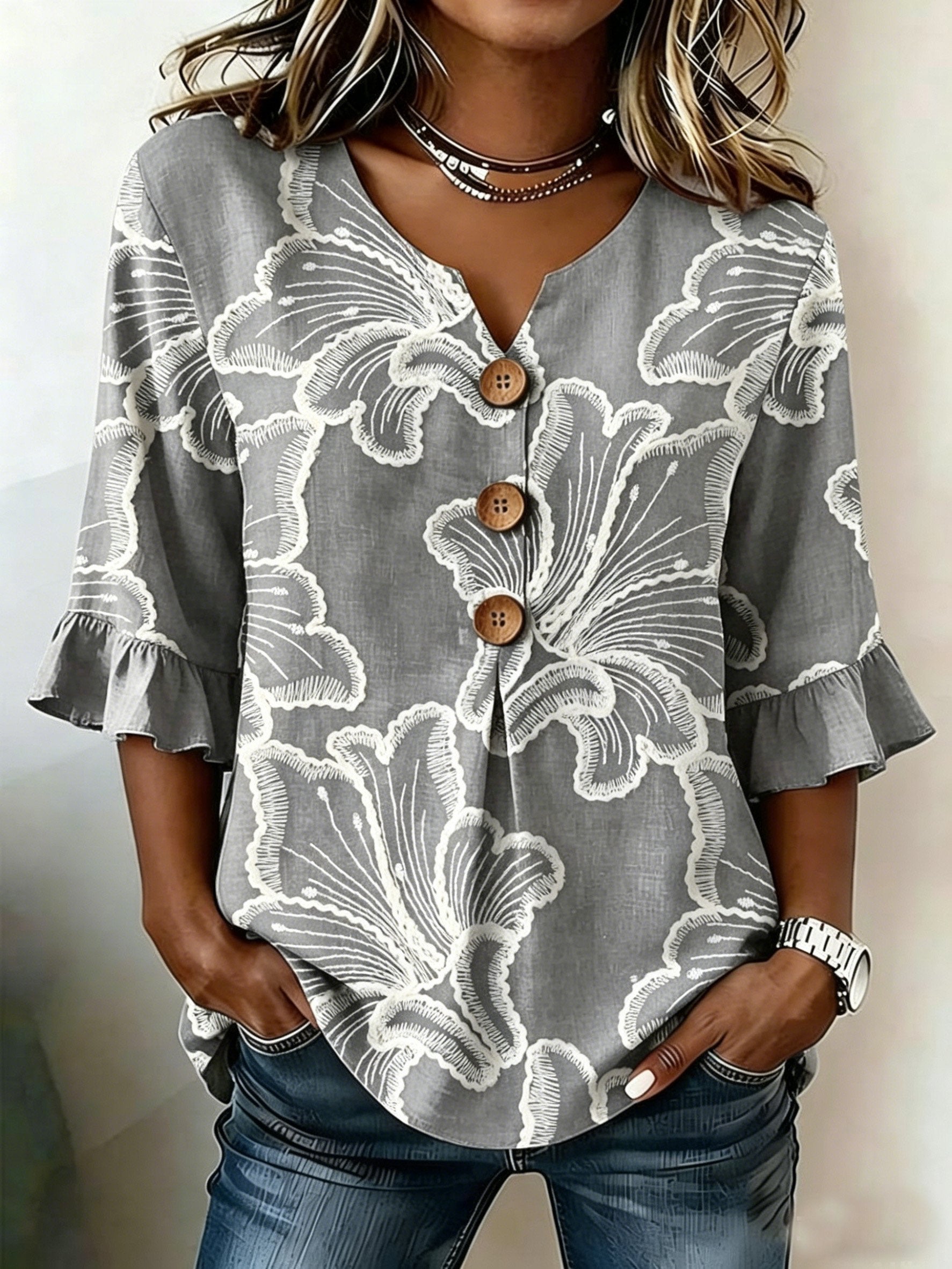 Women's Floral Half Sleeve Blouse Summer White Plain Peplum V Neck Button Daily Going Out Vintage Top