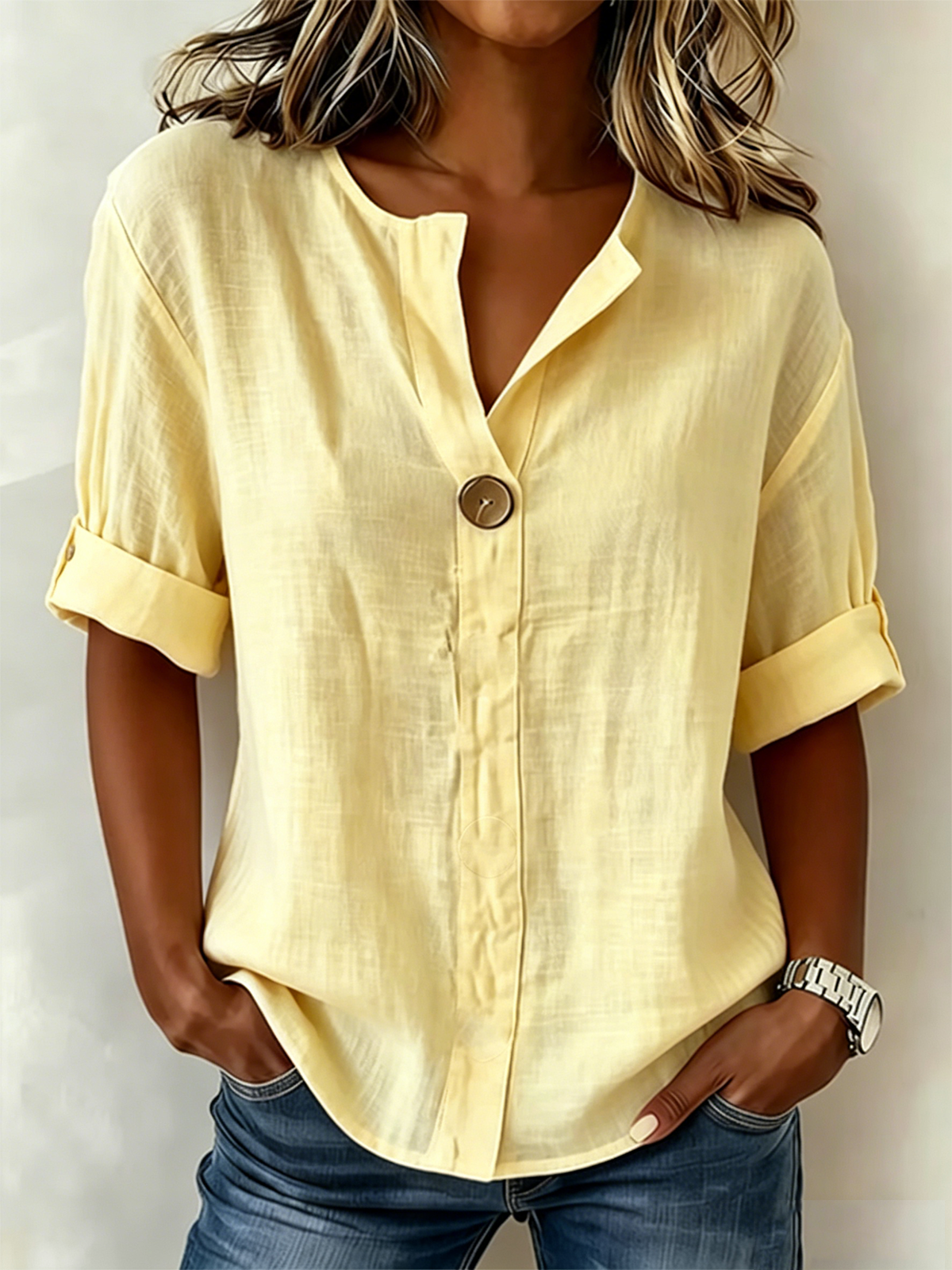 Solid White Henley Neck Button Front Short Sleeve Blouse