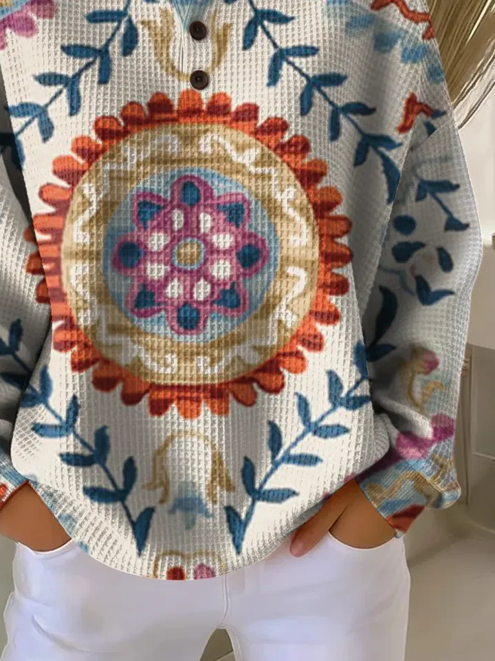 Women's Flowers Print Button-Up Casual Waffle Knit Sweatshirt
