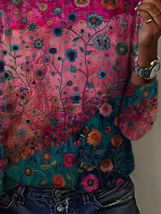 Women's Long Sleeve T-shirt Spring/Fall Purple Floral Printing Jersey Crew Neck Daily Going Out Casual Top