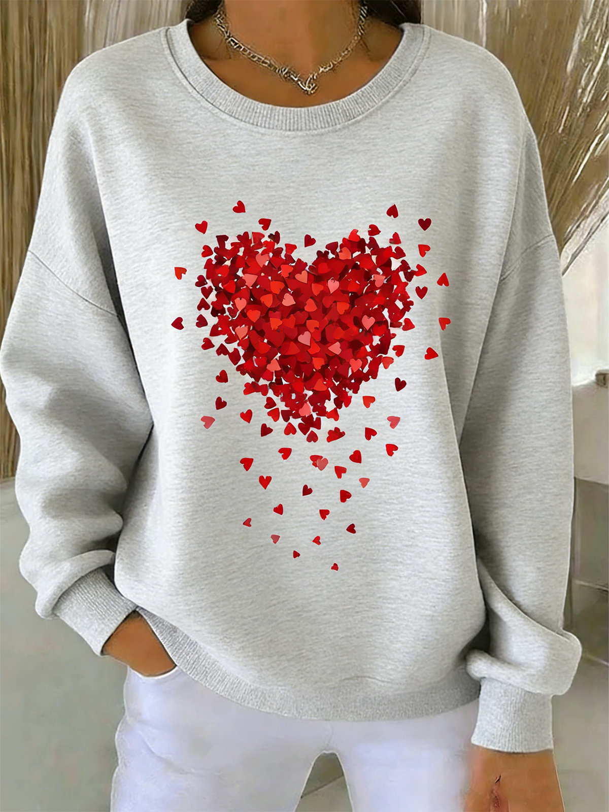 Valentine's Day Crew Neck Simple Cotton-Blend Sweatshirt