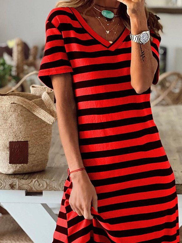 Women's Short Sleeve Summer White Striped Split Joint V Neck Daily Going Out Casual Maxi A-Line T-Shirt Dress Dress