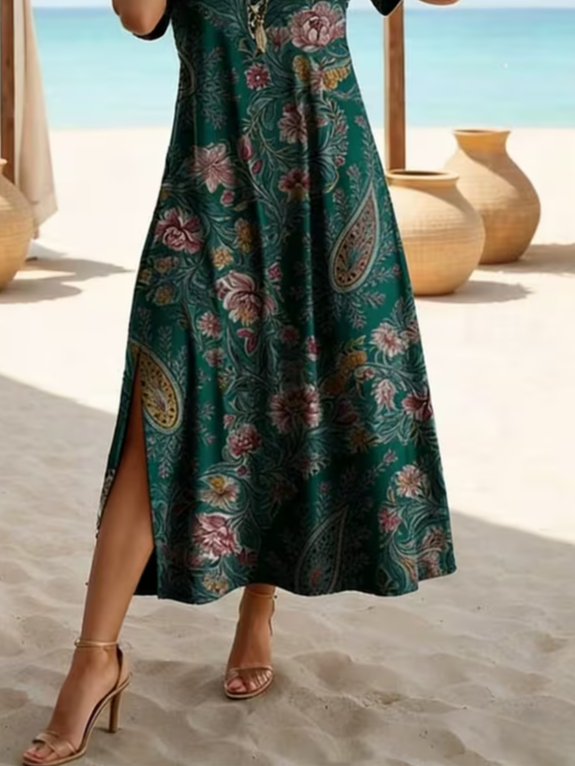 Women's Short Sleeve Summer Green Floral Printing Crew Neck Daily Going Out Casual Maxi H-Line T-Shirt Dress Dress