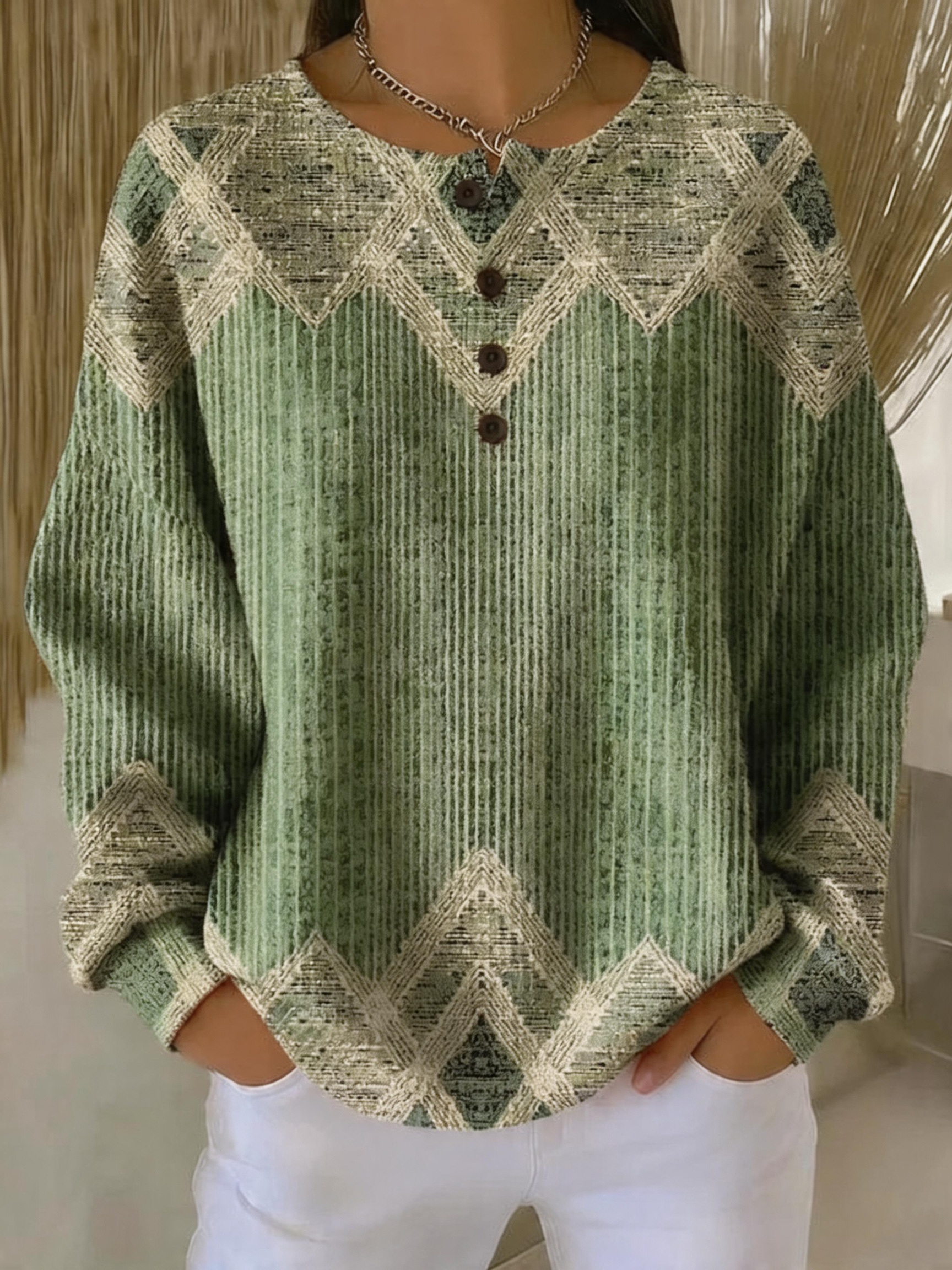Women's Blue Geometric Patchwork Henley Pullover Ribbed Long Sleeve Casual Sweatshirt
