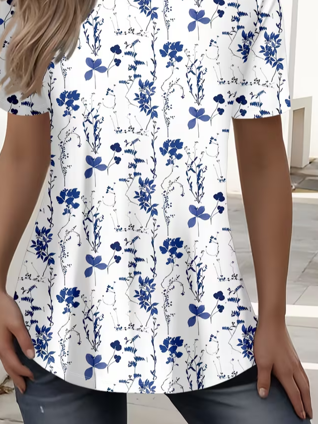 Women's Short Sleeve T-shirt Summer White Floral Printing Jersey Crew Neck Daily Going Out Casual Top