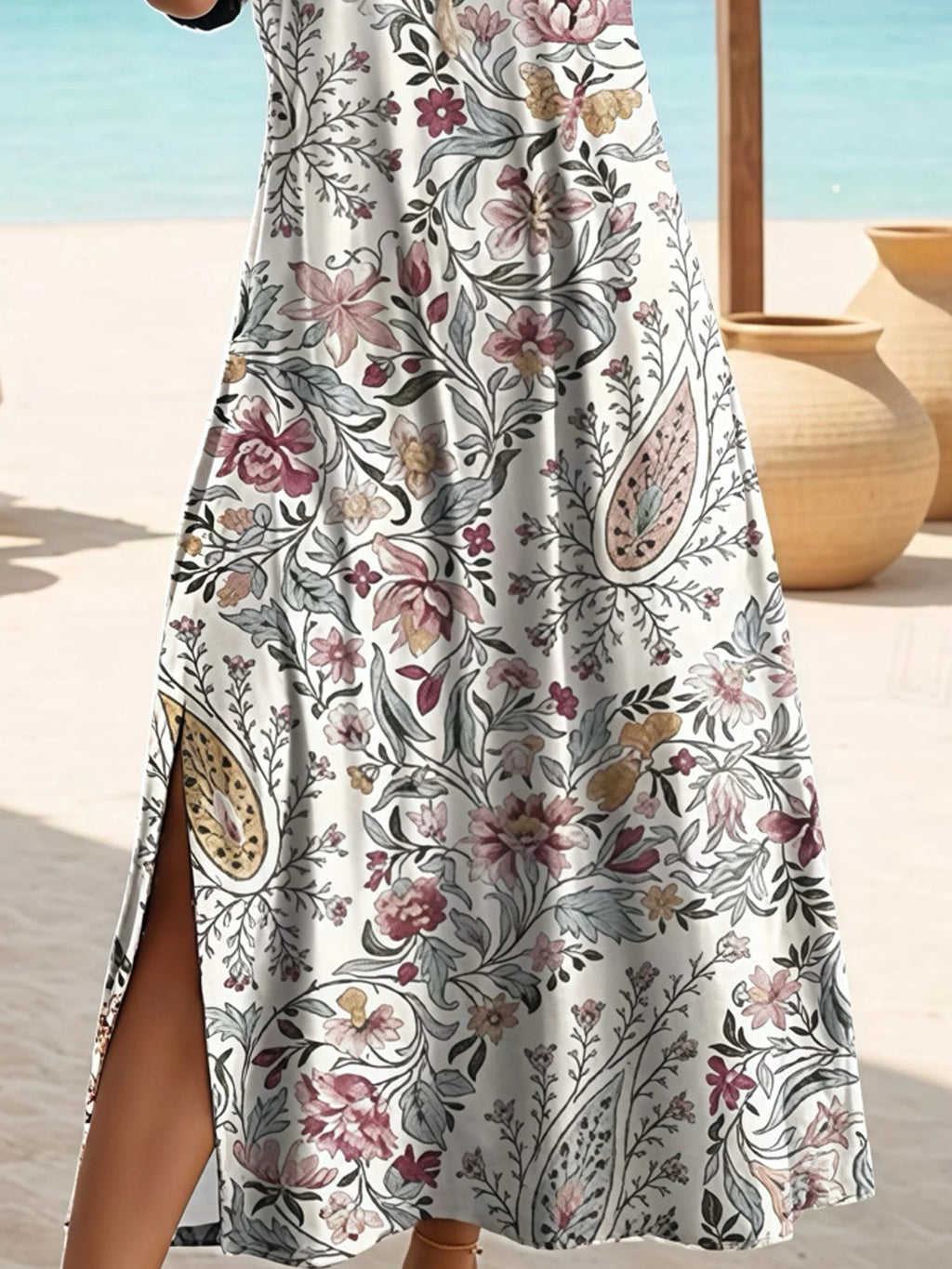 Women's Short Sleeve Summer As Picture Paisley Cashew Flowers V Neck Short Sleeve Daily Going Out Vacation Casual Boho Maxi A-Line T-Shirt Dress