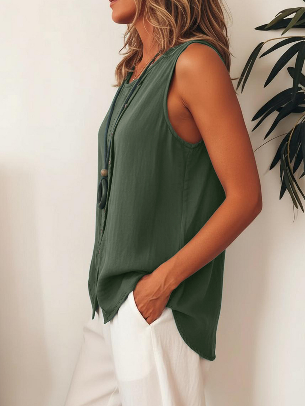 Plain Viscose Round Neck Sleeveless Button Summer Casual Boho Top