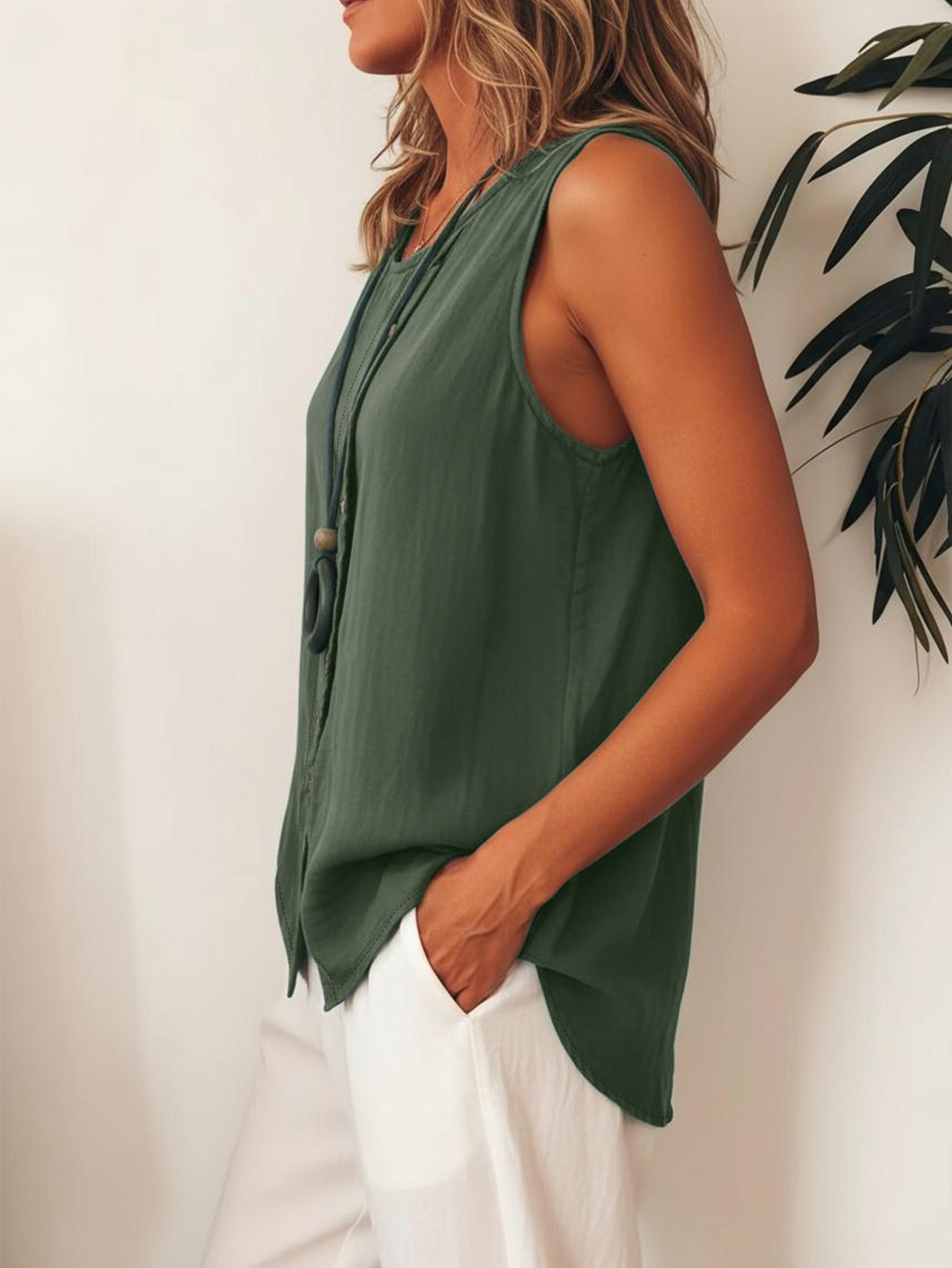 Plain Viscose Round Neck Sleeveless Button Summer Casual Boho Top