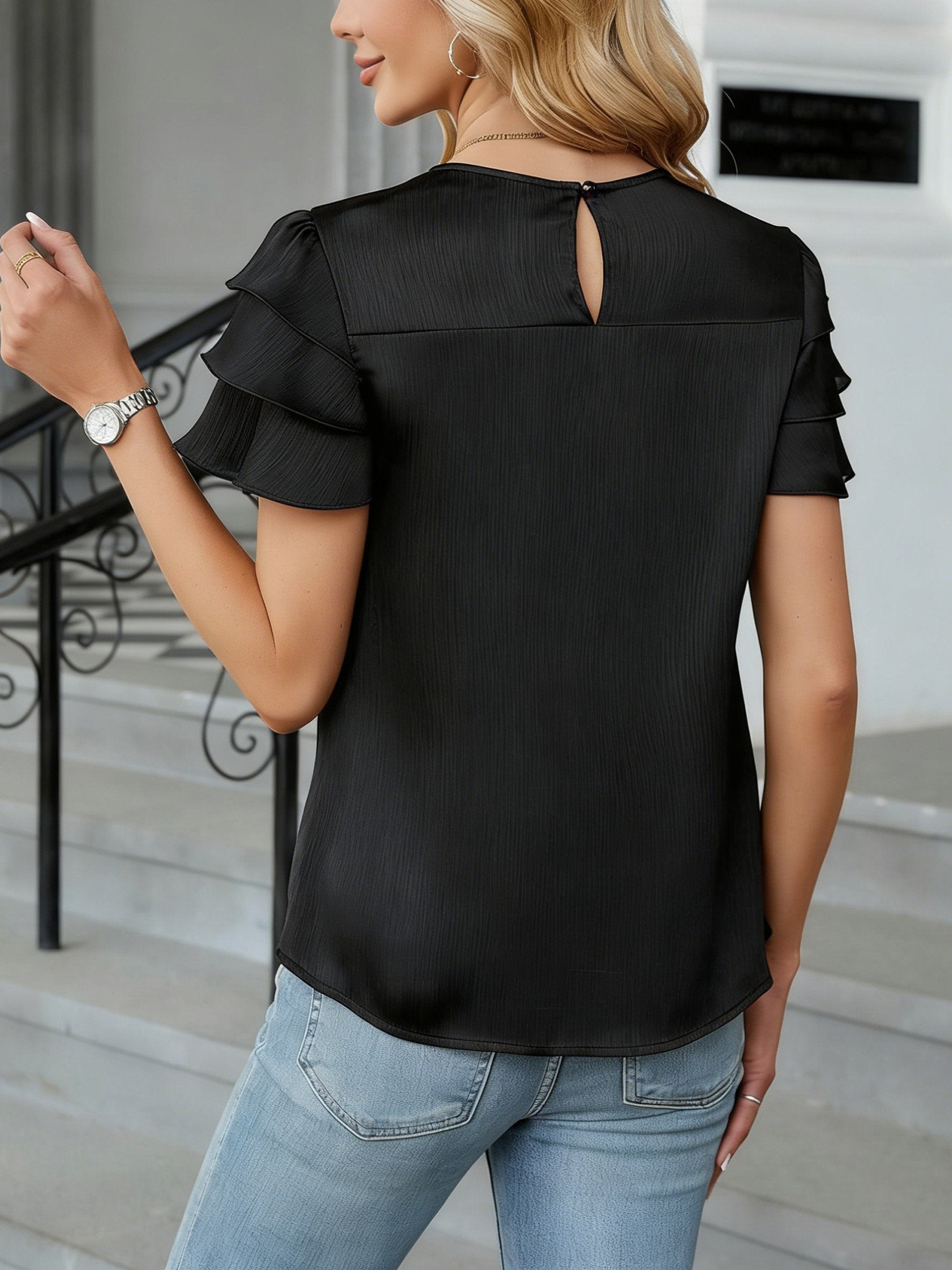 Satin Plain Smock Crew Neck Short Sleeve Casual Blouse