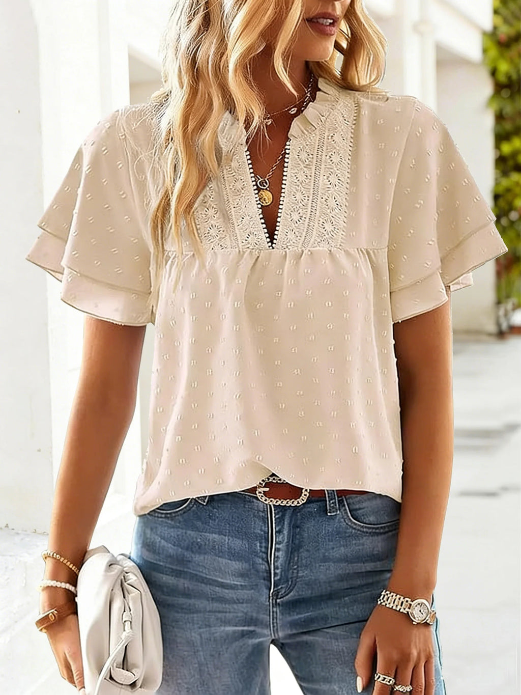 Loose V Neck Ruffle Short Sleeve Lace Elegant Blouse
