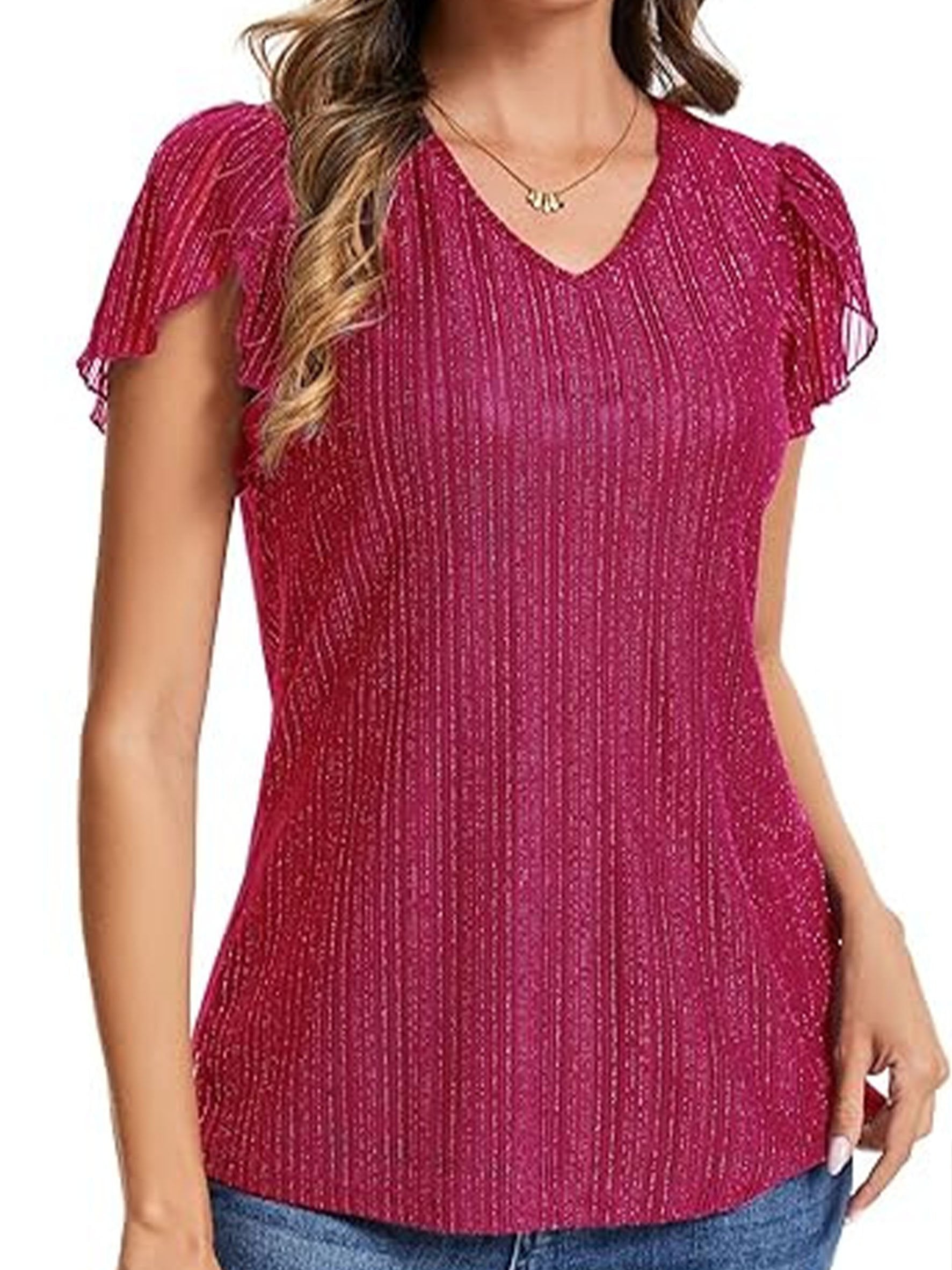 Women's Glitter V Neck Short Sleeve Top Summer Going Out Party Elegant T-Shirt
