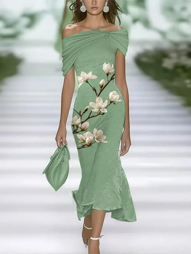 Women's Cap Sleeve Summer Green Floral Printing Cold Shoulder Daily Going Out Vintage Maxi H-Line Dress