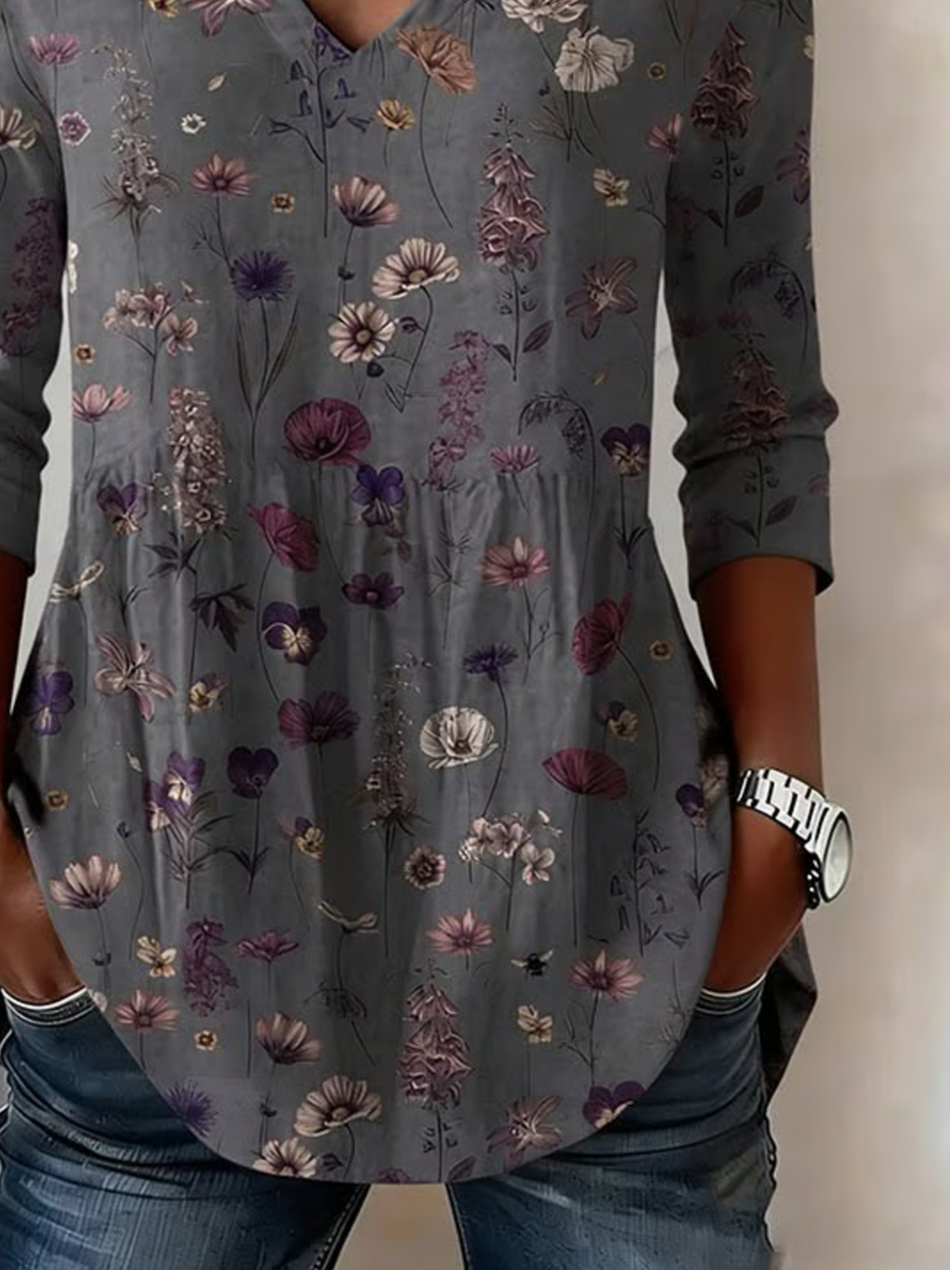 Women's V-Neck Long-Sleeve Printed Shirt with Pockets