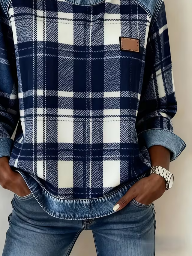 Women's Plaid Print Patchwork Denim Crewneck Long-Sleeved Sweatshirt