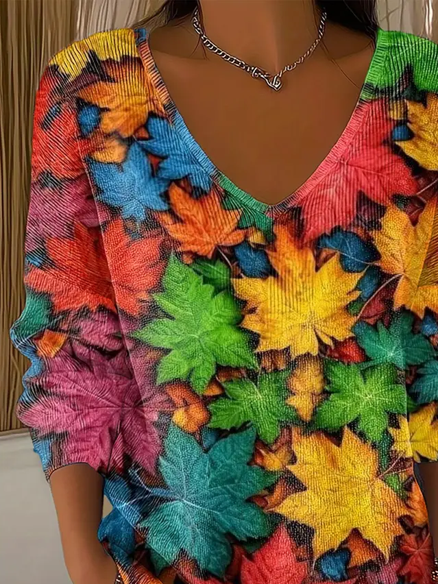 Women's Long Sleeve T-shirt Spring/Fall As Picture Maple Leaf Printing V Neck Daily Going Out Casual Top