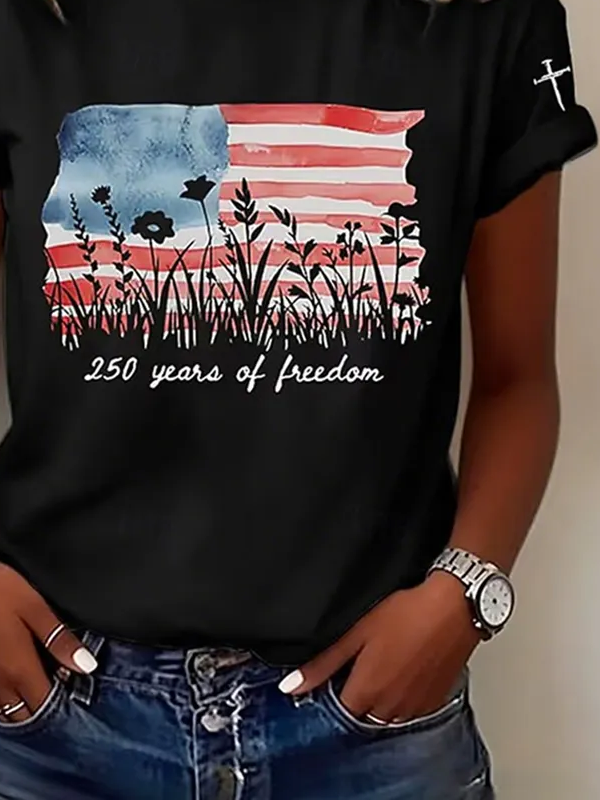 Women's Short Sleeve T-shirt Summer Black Independence Day (Flag) Printing Jersey Crew Neck Daily Going Out Casual Top