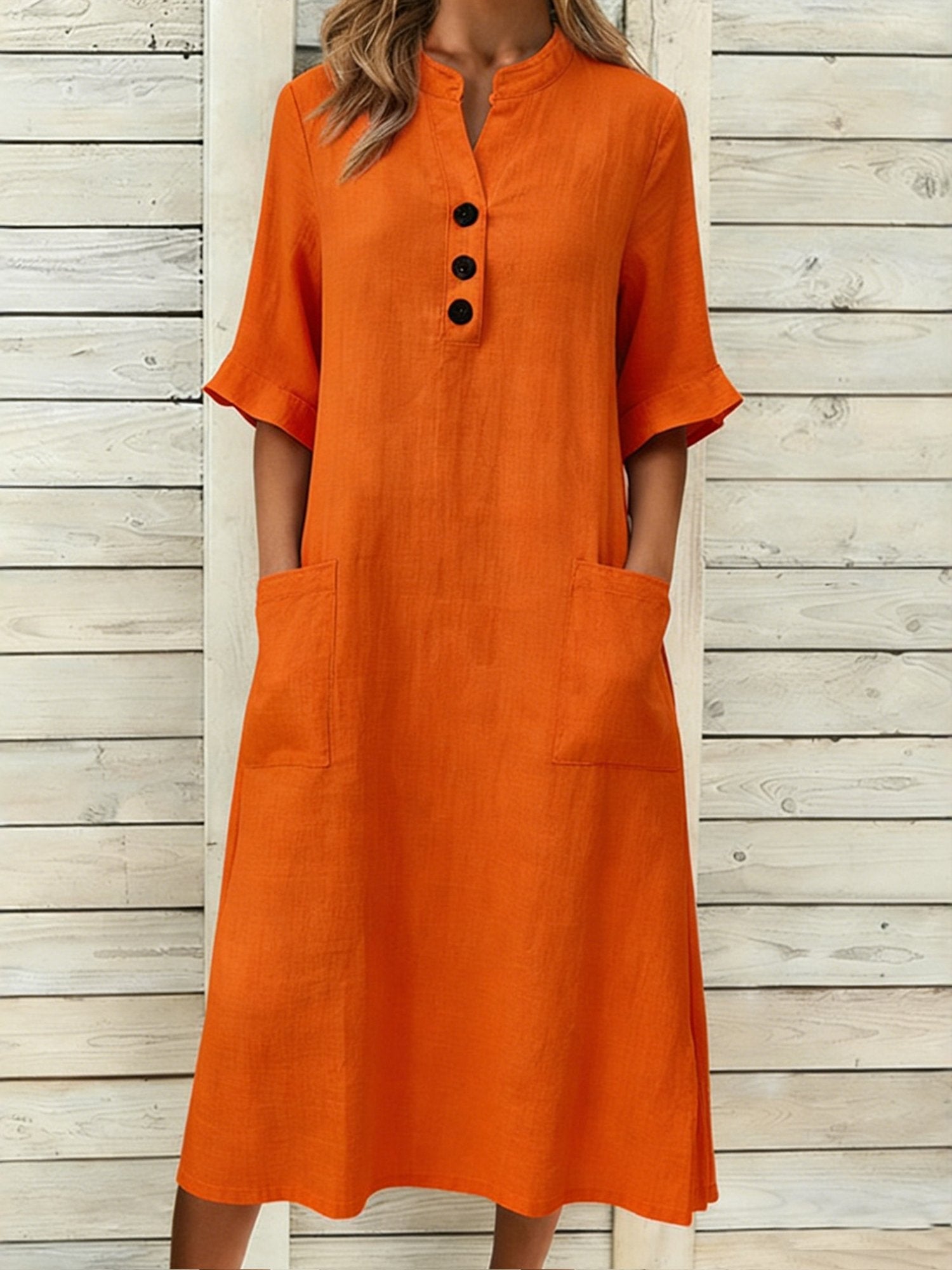 Casual Plain Stand Collar Midi Dress