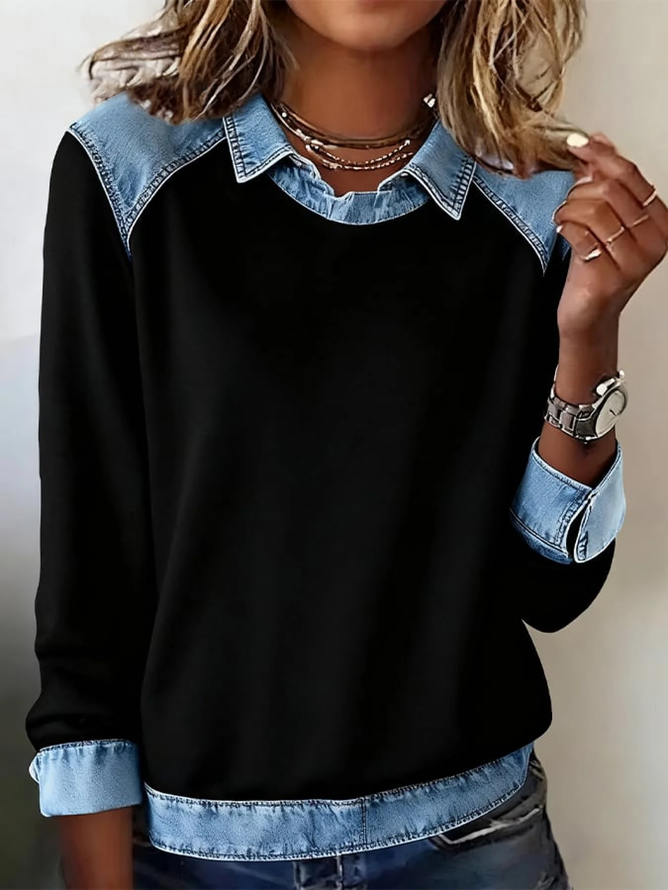 Women'S Casual Lapel Denim Stitching Pullover Sweatshirt