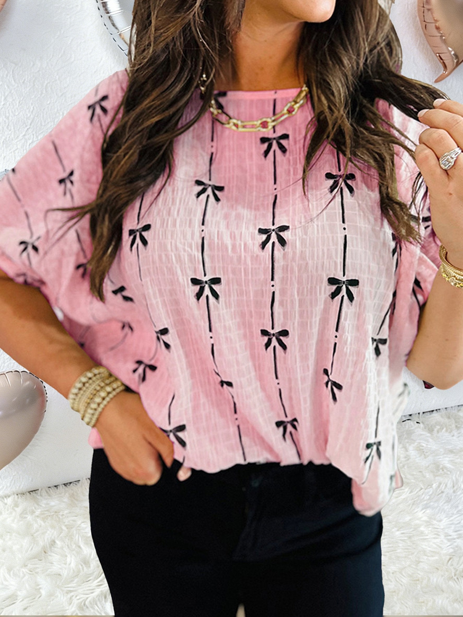 Bow Print Elegant Half Sleeve Crew Neck Top 3D Printing Casual Blouse