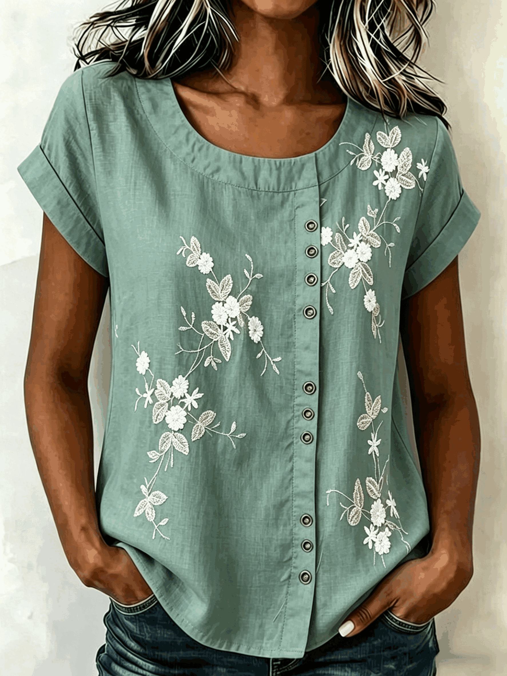 Women's 3D Floral Print Blouse Casual Short Sleeve Crew Neck Loose Button Down Shirt